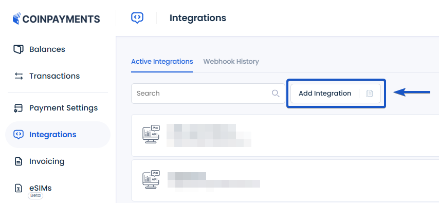 Integrations page with button highlighted