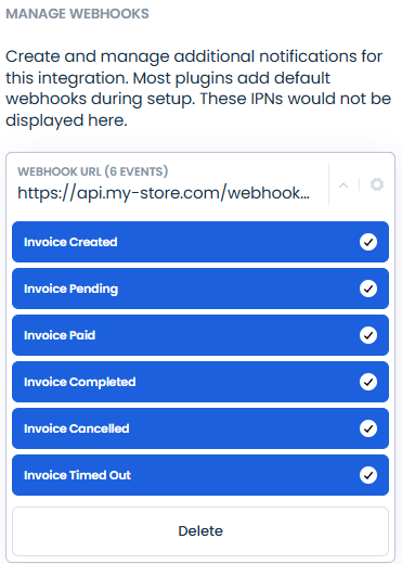 Integration manage webhooks section