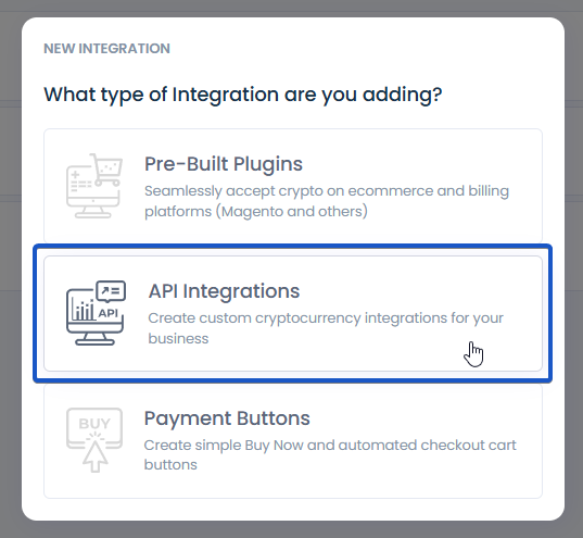 Integration type selection screen with type highlighted