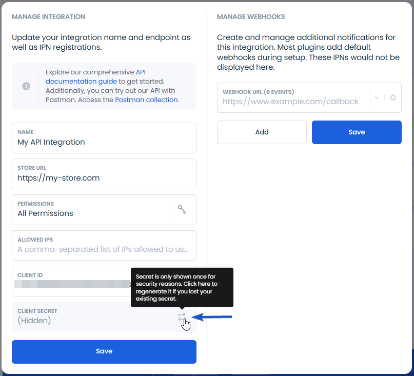 Integration details page with reset button denoted