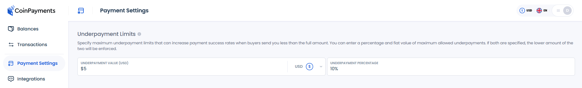 Underpayment Settings