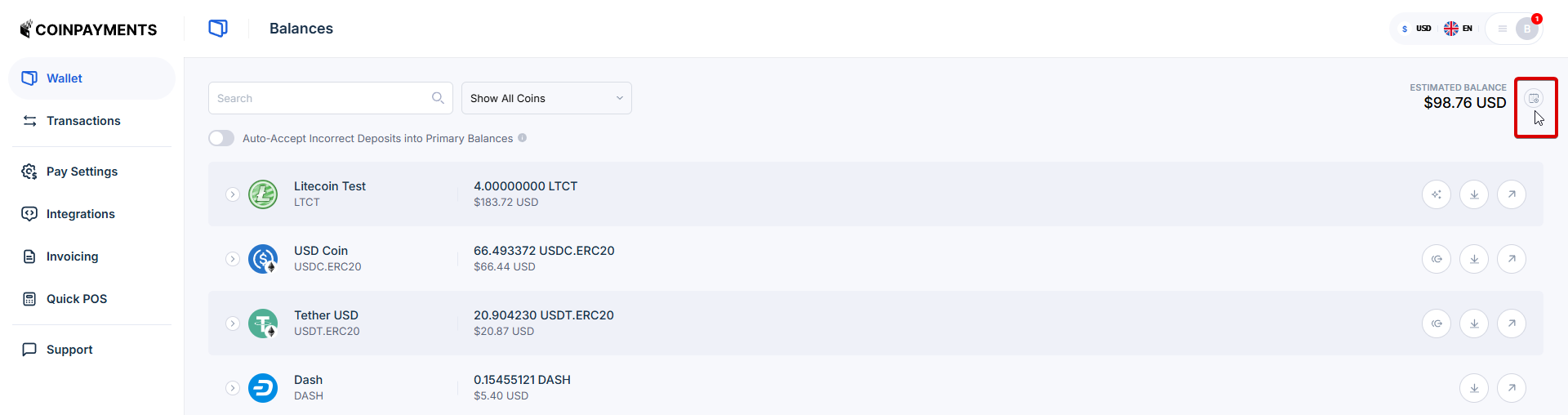 View wallet balances by date button on the Balances page