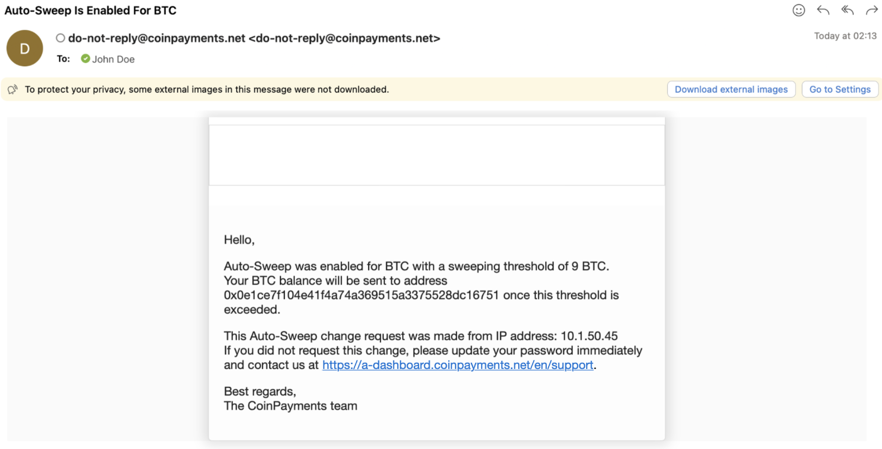 Auto-Sweep Confirmation Email
