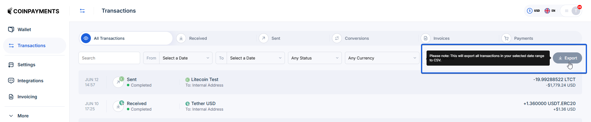 Export Transaction History