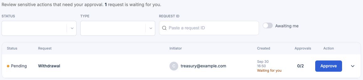 Approvals page with a pending withdrawal waiting for approval