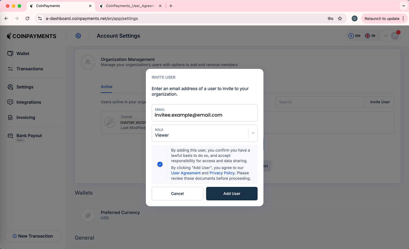 Account Owner Enter Email to Invite User