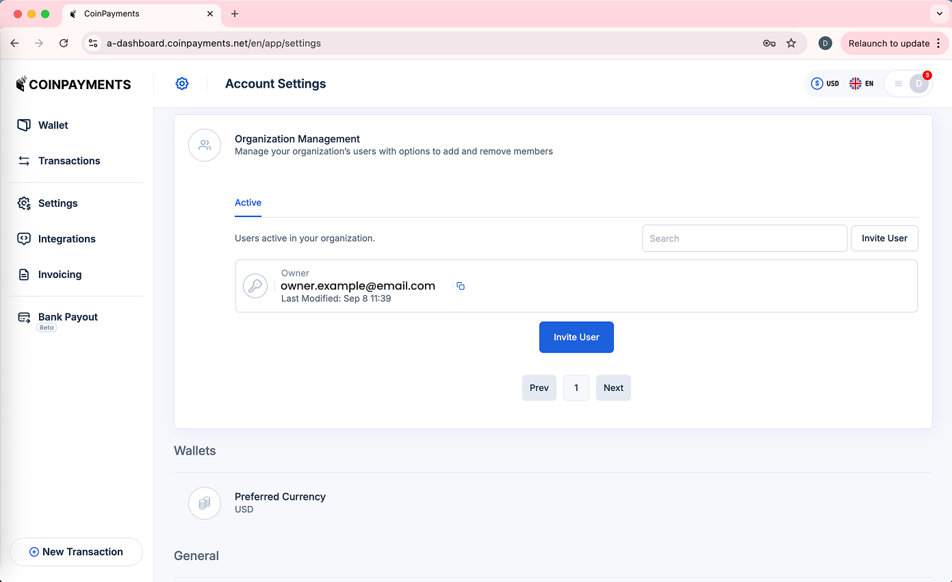 Account Owner Selects Organization Management