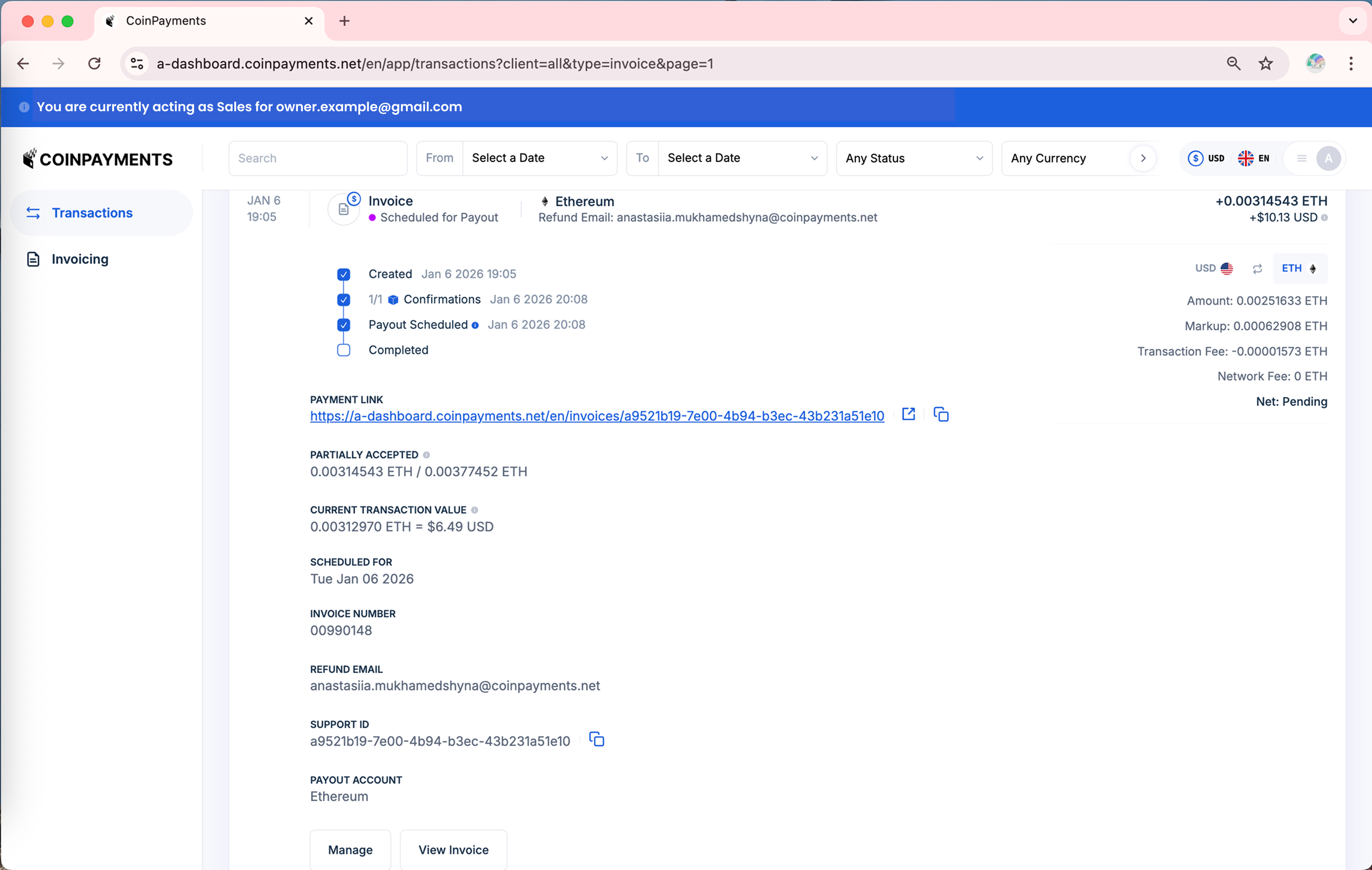 Sales Scheduled Payout Invoice From Transaction List View