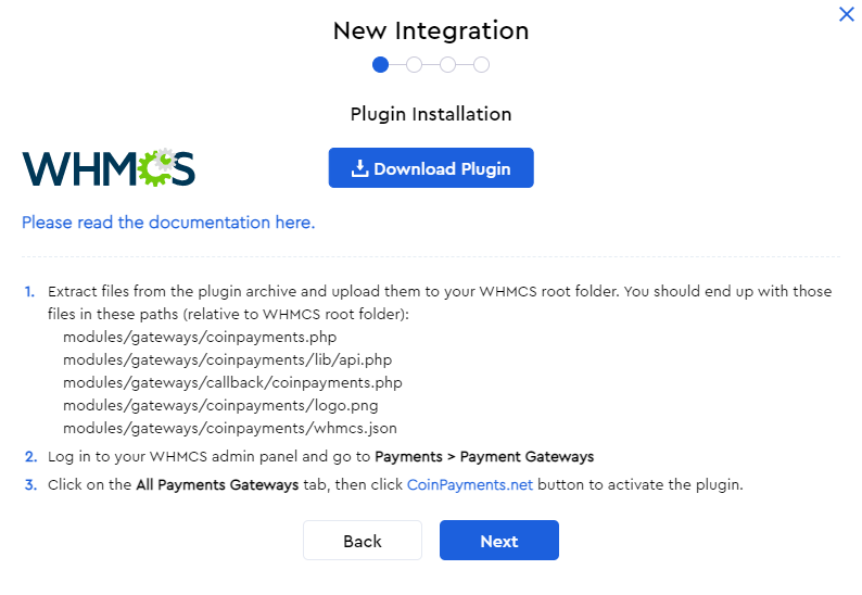 CoinPayments dashboard plugin installation wizard for WHMCS